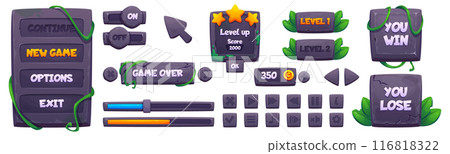 Game ui design stone and jungle leaves elements Game ui design stone and jungle leaves elements 116818322