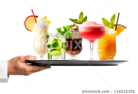 Waiter hand holding metal tray with collection of cocktails, beer and mocktail on white background with summer fruits Waiter hand holding metal tray with collection of cocktails, beer and mocktail on white background with summer fruits 116818388