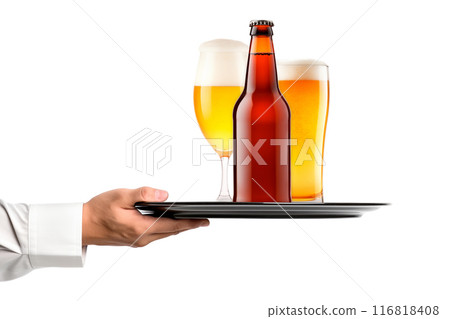 Waiter hand holding metal tray with set of Beer glasses and bottles on a white background. Waiter hand holding metal tray with set of Beer glasses and bottles on a white background. 116818408