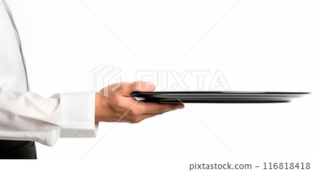 Waiter hand in crisp white uniform holding empty metal tray isolated on white background 116818418