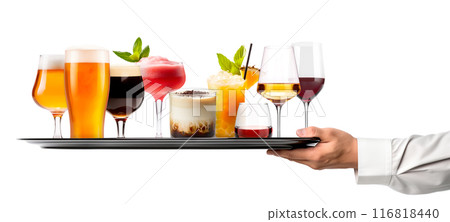Waiter hand holding metal tray with collection of cocktails, beer and mocktail on white background with summer fruits 116818440