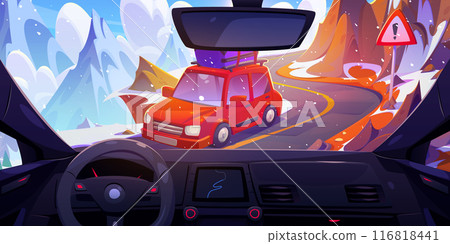 View from inside car on winding mountain road 116818441