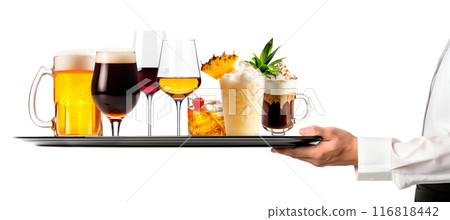 Waiter hand holding metal tray with collection of cocktails, beer and mocktail on white background with summer fruits Waiter hand holding metal tray with collection of cocktails, beer and mocktail on white background with summer fruits 116818442