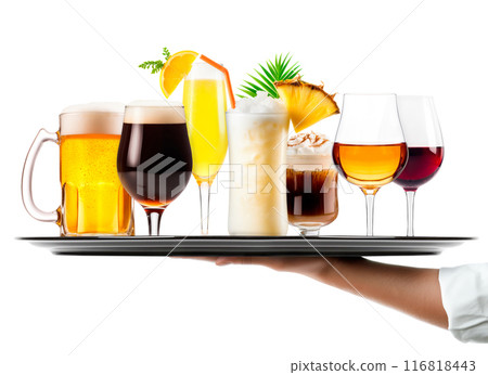 Waiter hand holding metal tray with collection of cocktails, beer and mocktail on white background with summer fruits 116818443