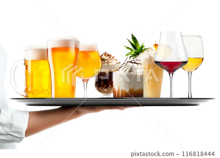 Waiter hand holding metal tray with collection of cocktails, beer and mocktail on white background with summer fruits 116818444