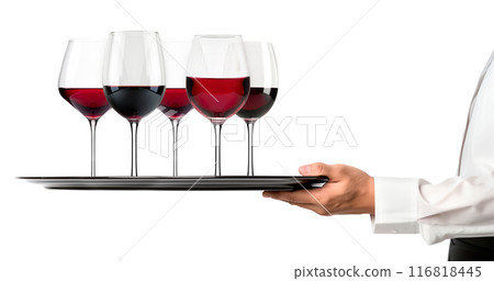 Waiter hand holding metal tray with set of red wine glasses isolated on white background 116818445
