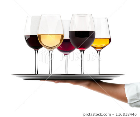 Waiter hand holding metal tray with set of red and white wine glasses isolated on white background 116818446