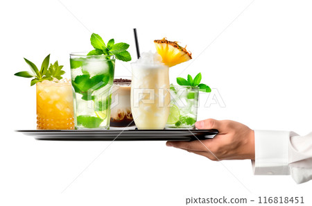 Waiter hand holding metal tray with collection of cocktails, beer and mocktail on white background with summer fruits 116818451