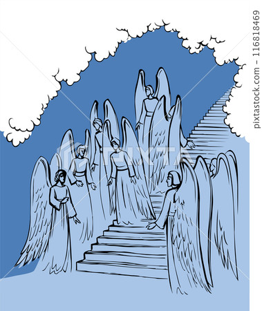 Vector drawing. Angels on the stairs leading to heaven 116818469