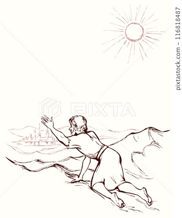 Vector drawing. A man in the desert sees a mirage Vector drawing. A man in the desert sees a mirage 116818487