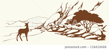 Vector landscape. Deer near a mountain stream 116818488