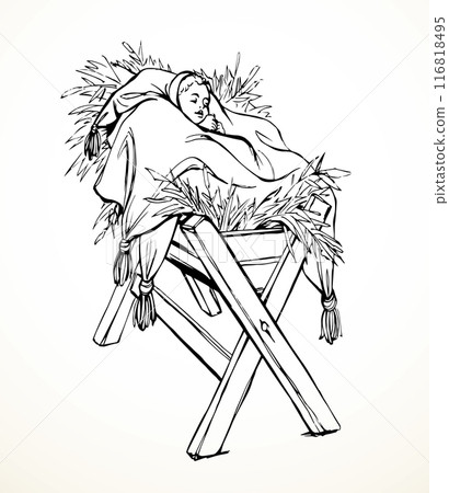 Vector drawing. Baby in a manger 116818495
