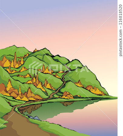 Vector image. Summer landscape with a river flowing among the hills 116818520