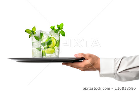 Waiter hand holding metal tray with set of Mojito cocktails, garnished with fresh mint and a slice of lime Waiter hand holding metal tray with set of Mojito cocktails, garnished with fresh mint and a slice of lime 116818580