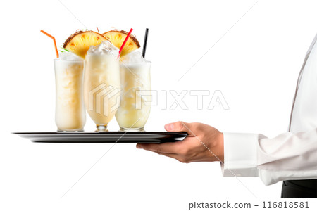 Waiter hand holding metal tray with set of Pina Colada cocktails with pineapple, coconut and creamy white top Waiter hand holding metal tray with set of Pina Colada cocktails with pineapple, coconut and creamy white top 116818581