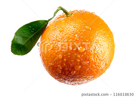 A fresh, juicy orange with water droplets represents natural, vibrant citrus goodness isolated on a white transparent background 116818630