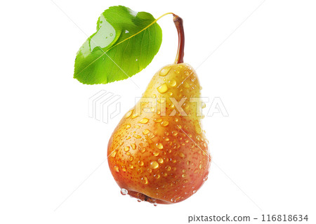 Fresh juicy pear with water droplets and leaf isolated on a white background, highlighting its natural beauty and freshness 116818634