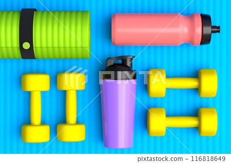 Isometric view of sport equipment like dumbbell, water bottle and yoga mat Isometric view of sport equipment like dumbbell, water bottle and yoga mat 116818649