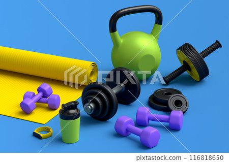 Isometric view of sport equipment like kettlebell, fitness ball and yoga mat 116818650