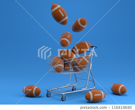 Set of ball like basketball, football and golf in shopping cart on blue 116818680
