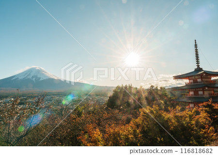 Mount Fuji view at Chureito Pagoda in Autumn season, Mt Fujisan in Arakurayama Sengen Park, Yamanashi, Japan. Landmark for tourists attraction. Japan Travel, Destination, Vacation and Mount Fuji Day Mount Fuji view at Chureito Pagoda in Autumn season, Mt Fujisan in Arakurayama Sengen Park, Yamanashi, Japan. Landmark for tourists attraction. Japan Travel, Destination, Vacation and Mount Fuji Day 116818682