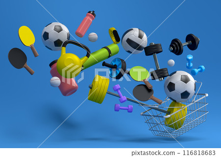 Sport equipment for fitness, gym, crossfit in shopping basket on blue 116818683