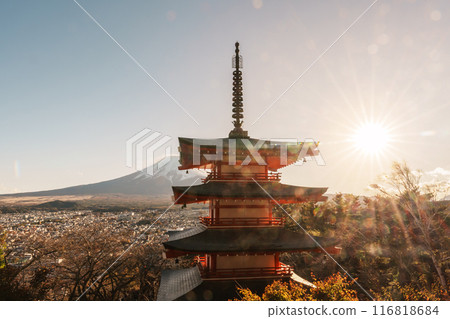 Mount Fuji view at Chureito Pagoda in Autumn season, Mt Fujisan in Arakurayama Sengen Park, Yamanashi, Japan. Landmark for tourists attraction. Japan Travel, Destination, Vacation and Mount Fuji Day Mount Fuji view at Chureito Pagoda in Autumn season, Mt Fujisan in Arakurayama Sengen Park, Yamanashi, Japan. Landmark for tourists attraction. Japan Travel, Destination, Vacation and Mount Fuji Day 116818684