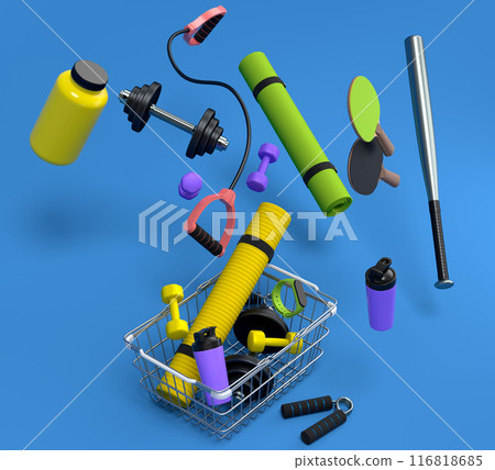 Sport equipment for fitness, gym, crossfit in shopping basket on blue 116818685