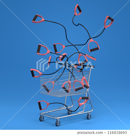 Sport equipment like rope for fitness or crossfit in shopping cart on blue 116818693