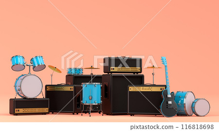 Set of electric acoustic guitars, amplifiers and drums with cymbal on orange 116818698