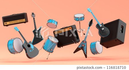 Set of electric acoustic guitars, amplifiers and drums with cymbal on orange Set of electric acoustic guitars, amplifiers and drums with cymbal on orange 116818710
