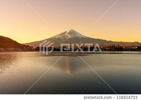 Mount Fuji at Lake Kawaguchi in the morning sunrise. Mt Fujisan in Fujikawaguchiko, Yamanashi, Japan. Landmark for tourists attraction. Japan Travel, Destination, Vacation and Mount Fuji Day concept Mount Fuji at Lake Kawaguchi in the morning sunrise. Mt Fujisan in Fujikawaguchiko, Yamanashi, Japan. Landmark for tourists attraction. Japan Travel, Destination, Vacation and Mount Fuji Day concept 116818755