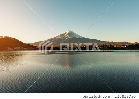 Mount Fuji at Lake Kawaguchi in the morning sunrise. Mt Fujisan in Fujikawaguchiko, Yamanashi, Japan. Landmark for tourists attraction. Japan Travel, Destination, Vacation and Mount Fuji Day concept 116818756