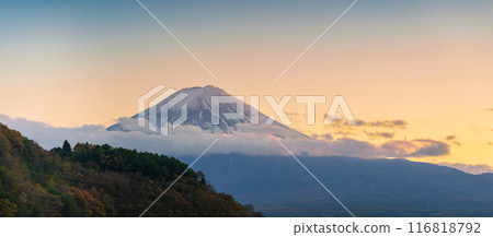 Mount Fuji at Lake Kawaguchi in the evening sunset. Mt Fujisan in Fujikawaguchiko, Yamanashi, Japan. Landmark for tourists attraction. Japan Travel, Destination, Vacation and Mount Fuji Day concept 116818792