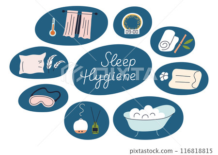 Sleep hygiene composition, vector illustrations of bedtime routine tips. Collection of items for sleeping with hand lettering. Flat cartoon style, healthy sleep, eye mask, bath and bedding 116818815