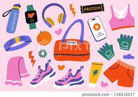 Set of fitness and sport accessories for women, gym bag, shoes, clothing, and equipment. Vector illustration in flat style, for active female lifestyle and workout themes 116818817
