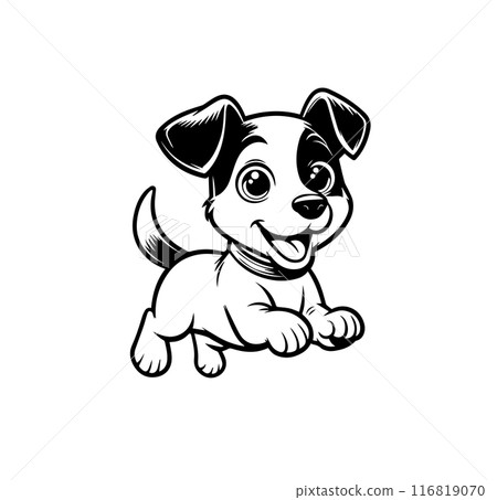 Cute happy Jack Russel puppy jumping with playful expression. Friendly joyful dog character for children books, coloring pages, educational materials. Black and white line art. Vector illustration Cute happy Jack Russel puppy jumping with playful expression. Friendly joyful dog character for children books, coloring pages, educational materials. Black and white line art. Vector illustration 116819070