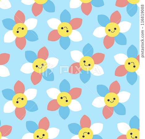 Seamless pattern of cute colorful flowers. Vector graphics. 116819088