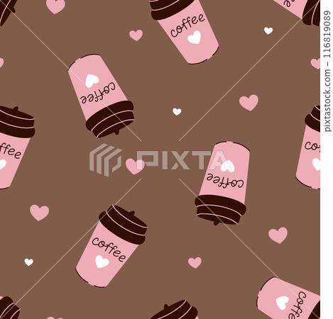 Simple seamless pattern with coffee cups and hearts. Vector graphics. 116819089