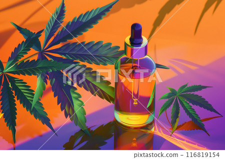 Glass CBD Oil Dropper Bottle with Cannabis Leaves on holographic Orange and Purple Background 116819154