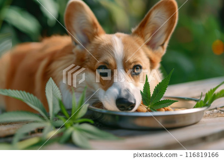 Corgi with Hemp Leaves and Bowl of CBD Treats, Promoting Natural Pet Care 116819166