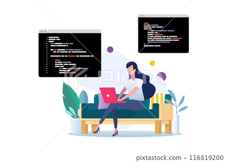 Freelancer writing code on laptop. software developer working at house Freelancer writing code on laptop. software developer working at house 116819200