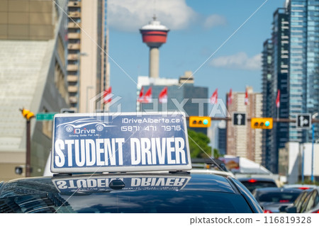 Calgary, Alberta, Canada. Jul 04, 2024. A close up to a Student Driver Car sign in Calgary Downtown with the Calgary tower in the background. Calgary, Alberta, Canada. Jul 04, 2024. A close up to a Student Driver Car sign in Calgary Downtown with the Calgary tower in the background. 116819328