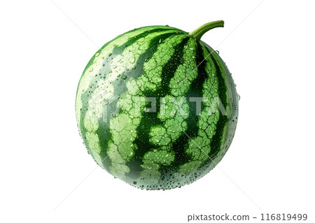 Whole watermelon with vibrant green skin isolated on white transparent background, refreshing fruit for a healthy summer picnic. 116819499
