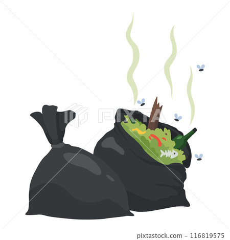 Garbage or waste icon. Plastic garbage container with unsorted trash. Rubbish bag that smells ugly and started to decompose. Ecology and environment concept. Isolated on white background Garbage or waste icon. Plastic garbage container with unsorted trash. Rubbish bag that smells ugly and started to decompose. Ecology and environment concept. Isolated on white background 116819575