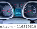 Calgary, Alberta, Canada. Jul 20, 2024. Close-up of a Chevrolet Equinox dashboard features a digital speedometer, service tire monitor system, and an odometer. 116819619