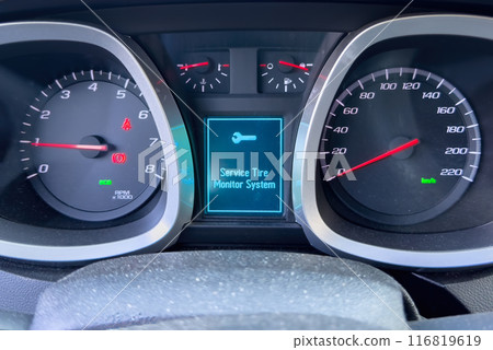 Calgary, Alberta, Canada. Jul 20, 2024. Close-up of a Chevrolet Equinox dashboard features a digital speedometer, service tire monitor system, and an odometer. Calgary, Alberta, Canada. Jul 20, 2024. Close-up of a Chevrolet Equinox dashboard features a digital speedometer, service tire monitor system, and an odometer. 116819619