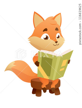 Baby animal reading book. Cute cartoon animal. Smart funny character studying literature. Hand drawn vector illustration 116819625