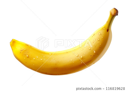 Bright yellow banana with water droplets, isolated on white background, ideal for healthy food visuals. 116819628