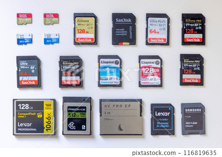 Calgary, Alberta, Canada. Jul 01, 2024. Several Secure Digital or SD Memory Cards for media storage, a proprietary, non-volatile, flash memory cards format for use in portable devices. 116819635